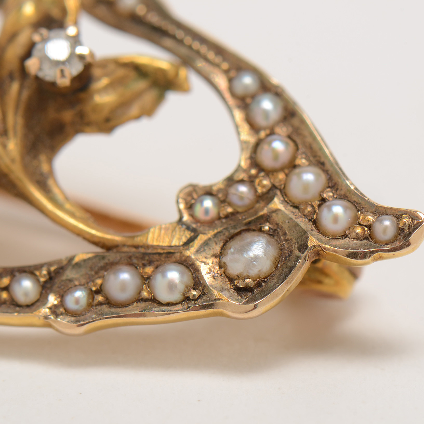 Art Nouveau 10K Yellow Gold Diamond Seed Pearl Floral Pin