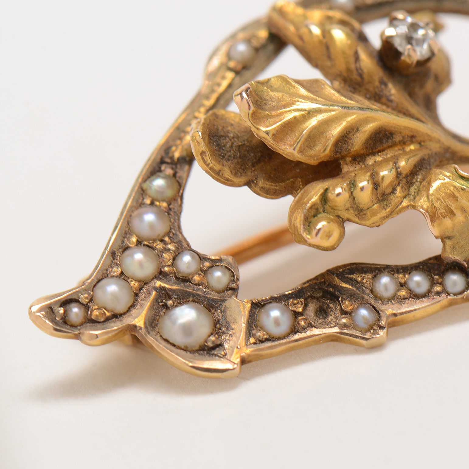 Art Nouveau 10K Yellow Gold Diamond Seed Pearl Floral Pin