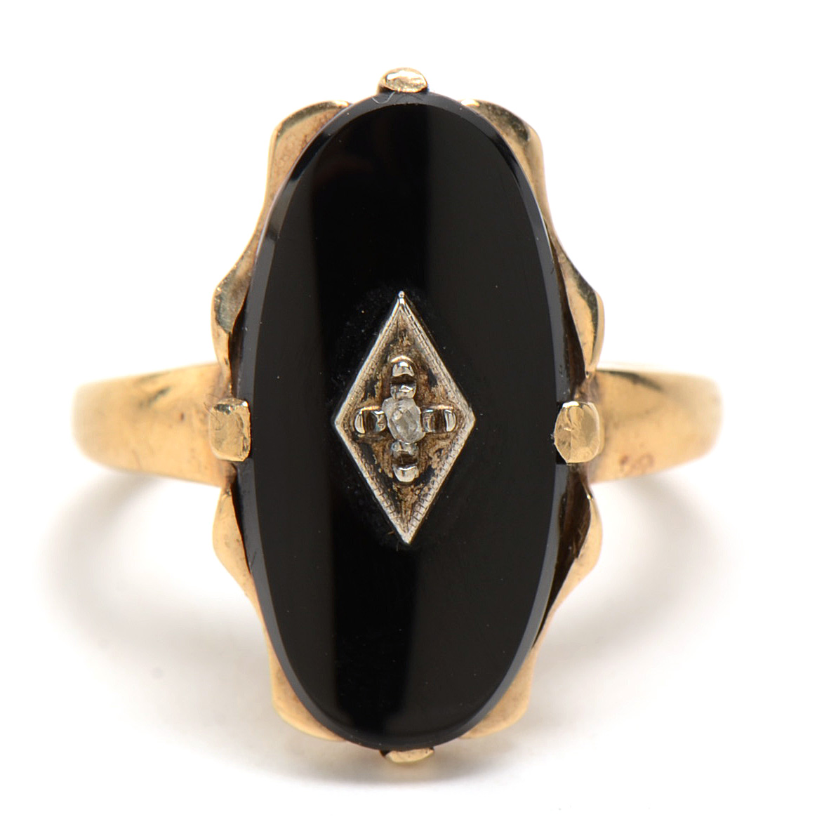 Antique 10K Yellow Gold Diamond Black Onyx Mourning Ring