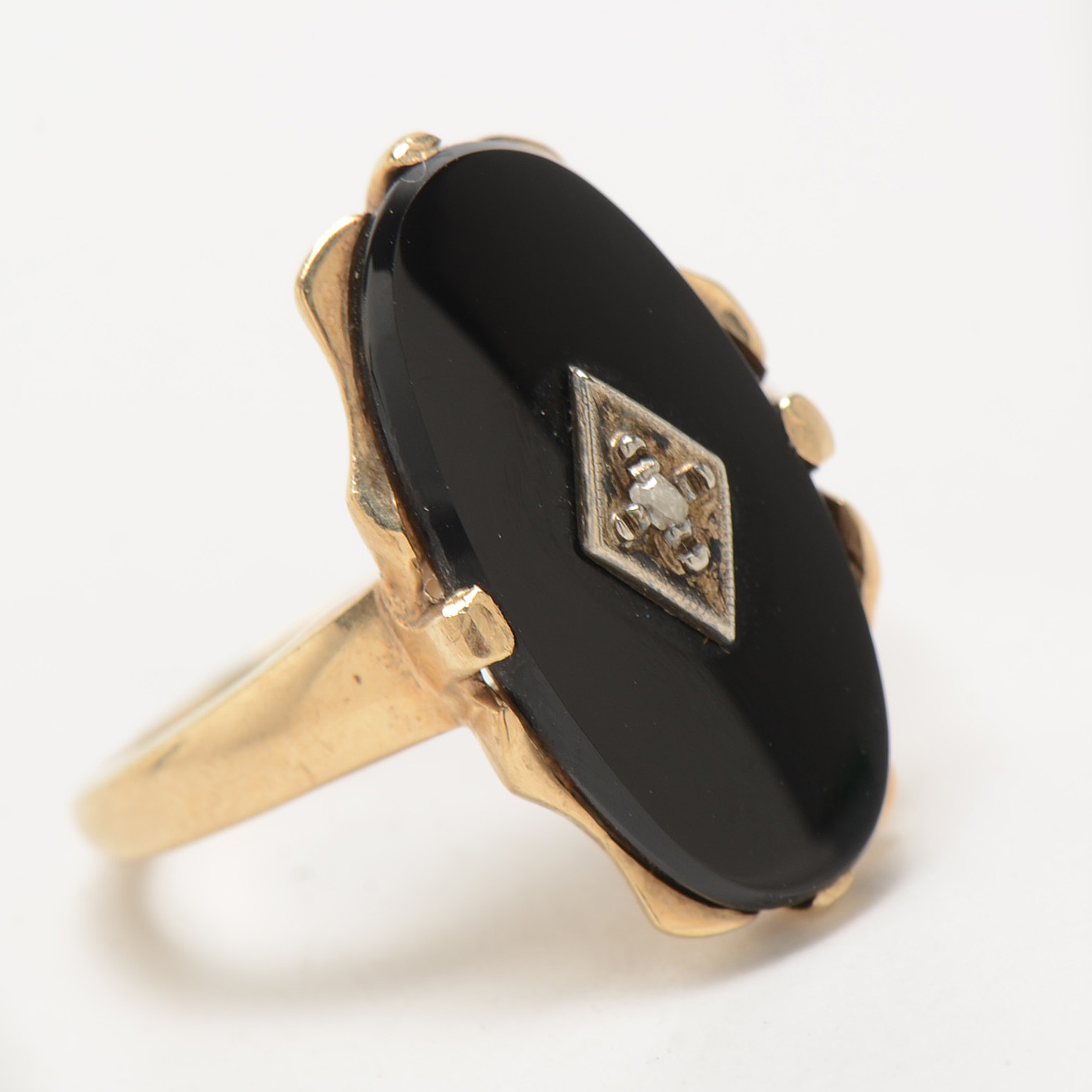 Antique 10K Yellow Gold Diamond Black Onyx Mourning Ring