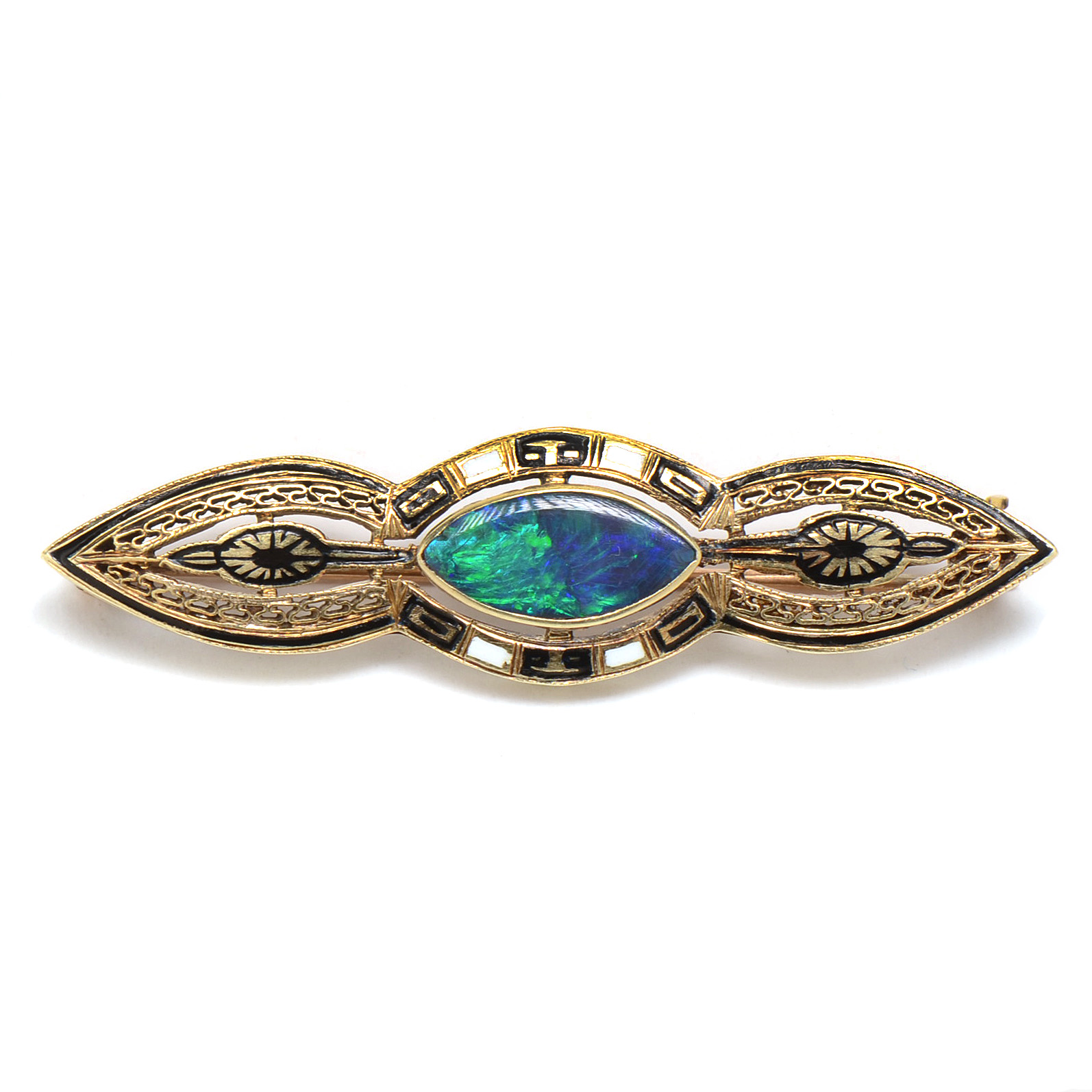 Art Deco 14K Yellow Gold Boulder Opal Enameled Bar Pin