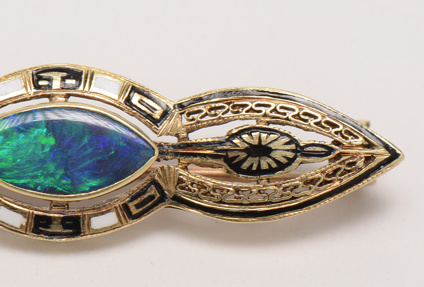 Art Deco 14K Yellow Gold Boulder Opal Enameled Bar Pin