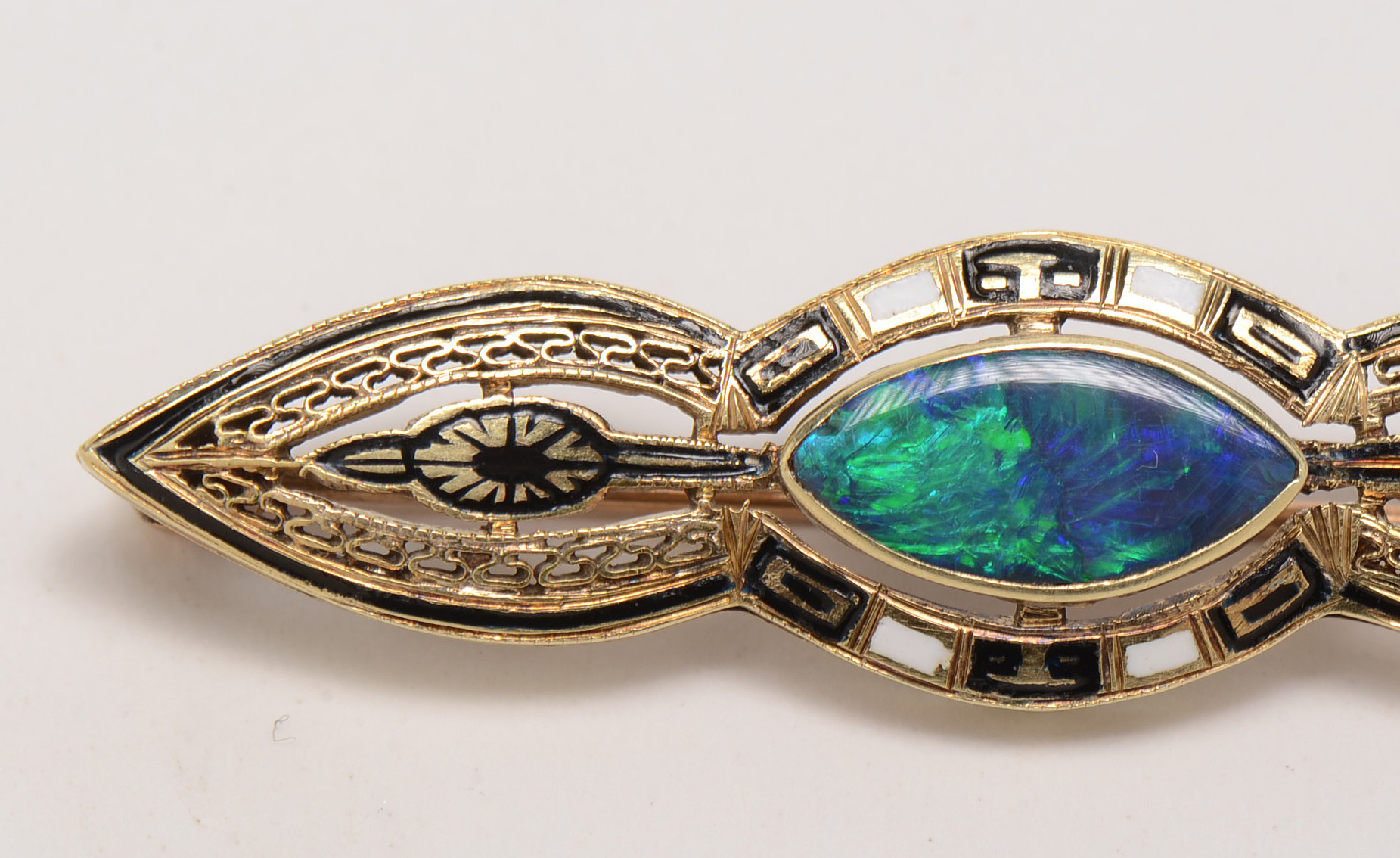 Art Deco 14K Yellow Gold Boulder Opal Enameled Bar Pin