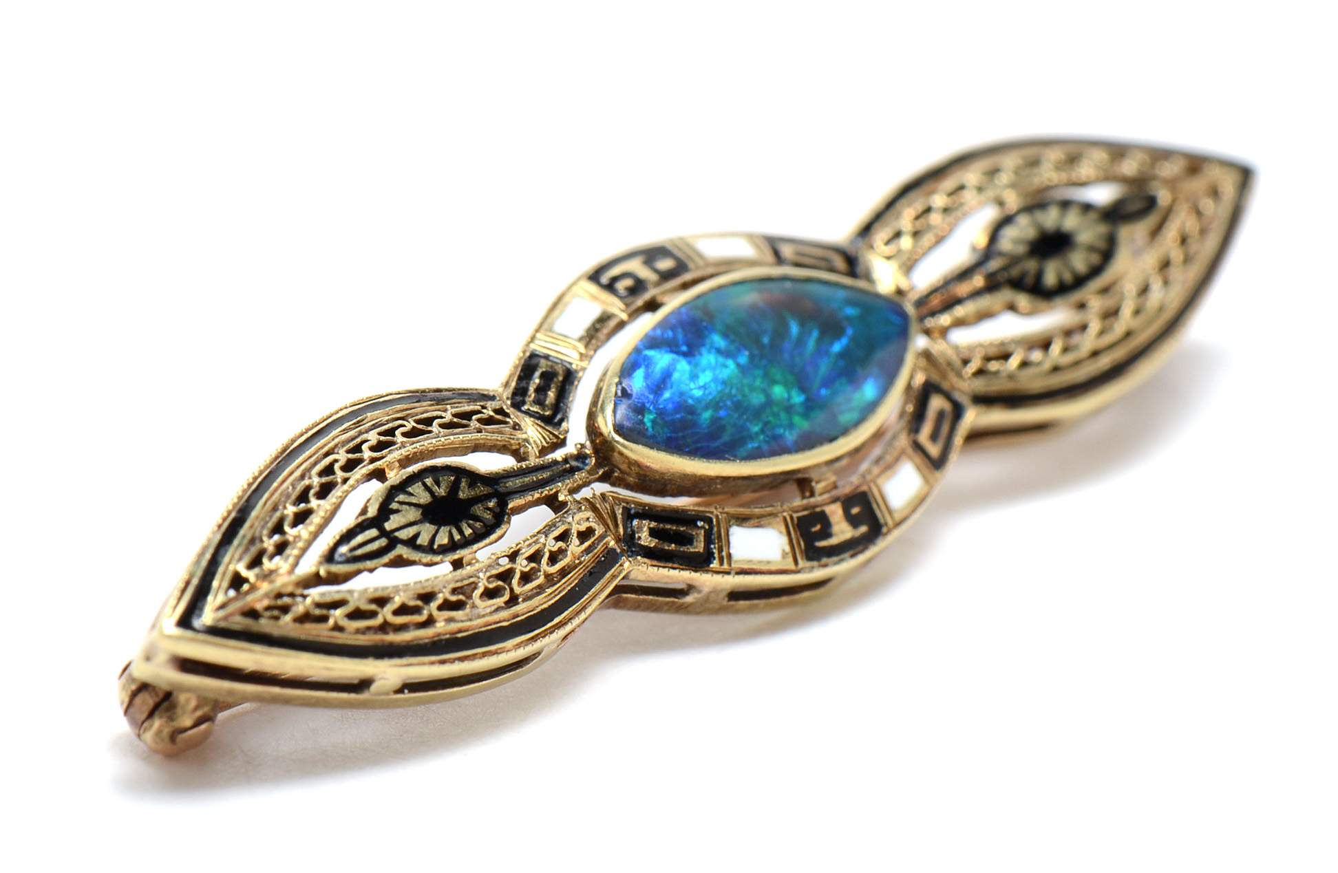 Art Deco 14K Yellow Gold Boulder Opal Enameled Bar Pin