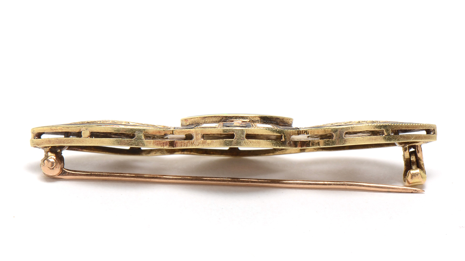 Art Deco 14K Yellow Gold Boulder Opal Enameled Bar Pin