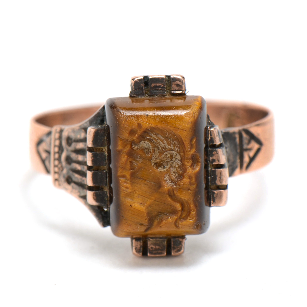Antique Victorian 10K Rose Gold Carved Intaglio Tiger's Eye Ring