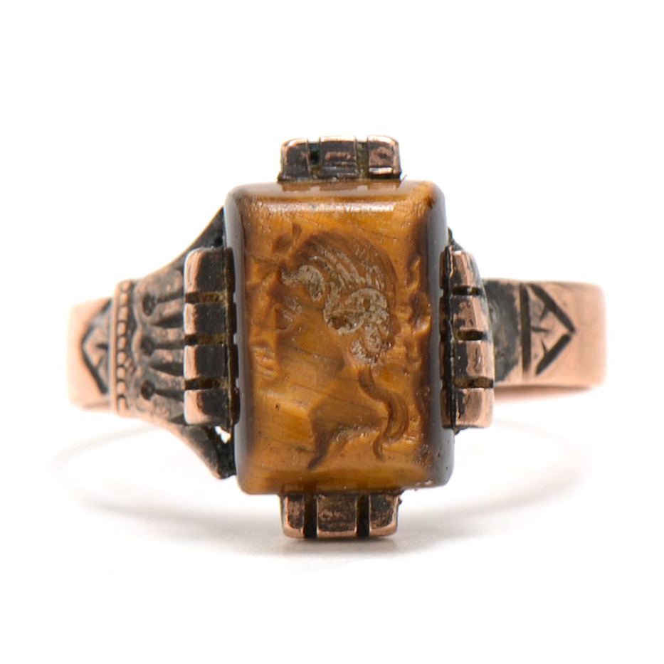 Antique Victorian 10K Rose Gold Carved Intaglio Tiger's Eye Ring