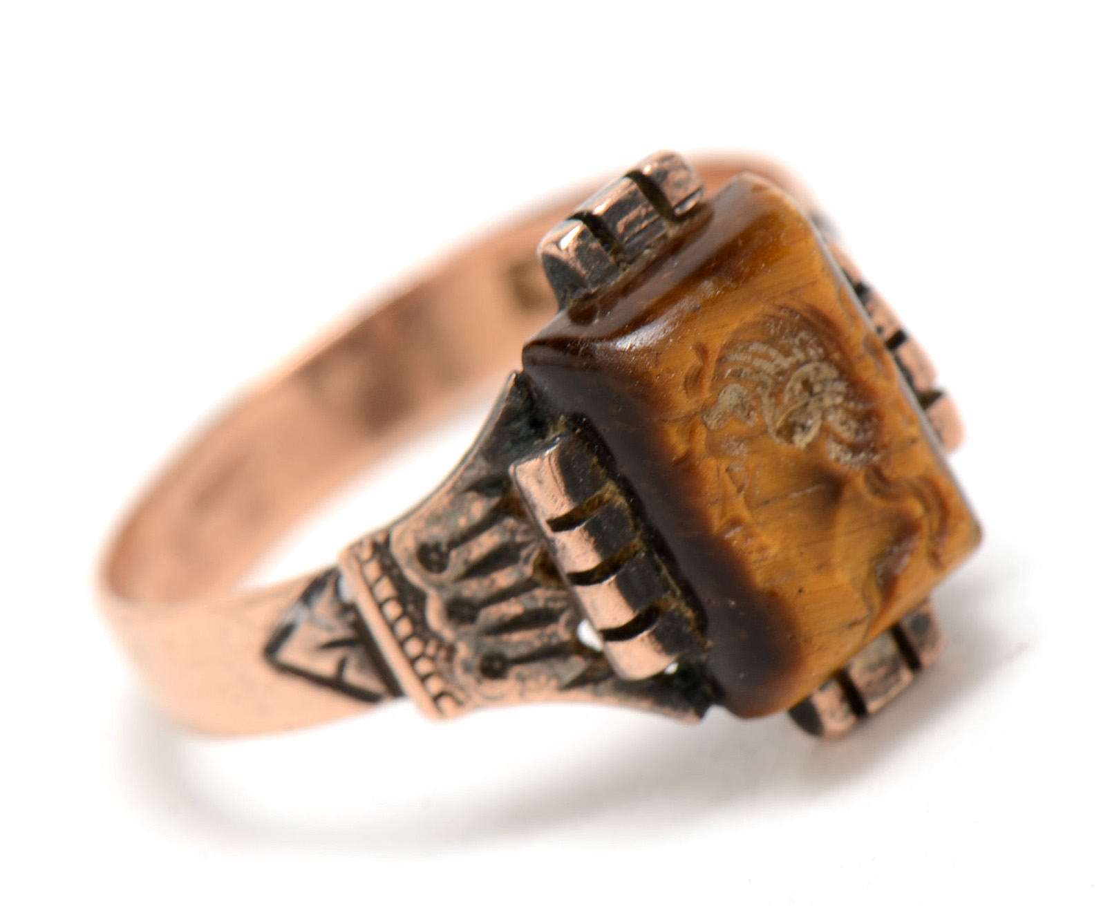 Antique Victorian 10K Rose Gold Carved Intaglio Tiger's Eye Ring