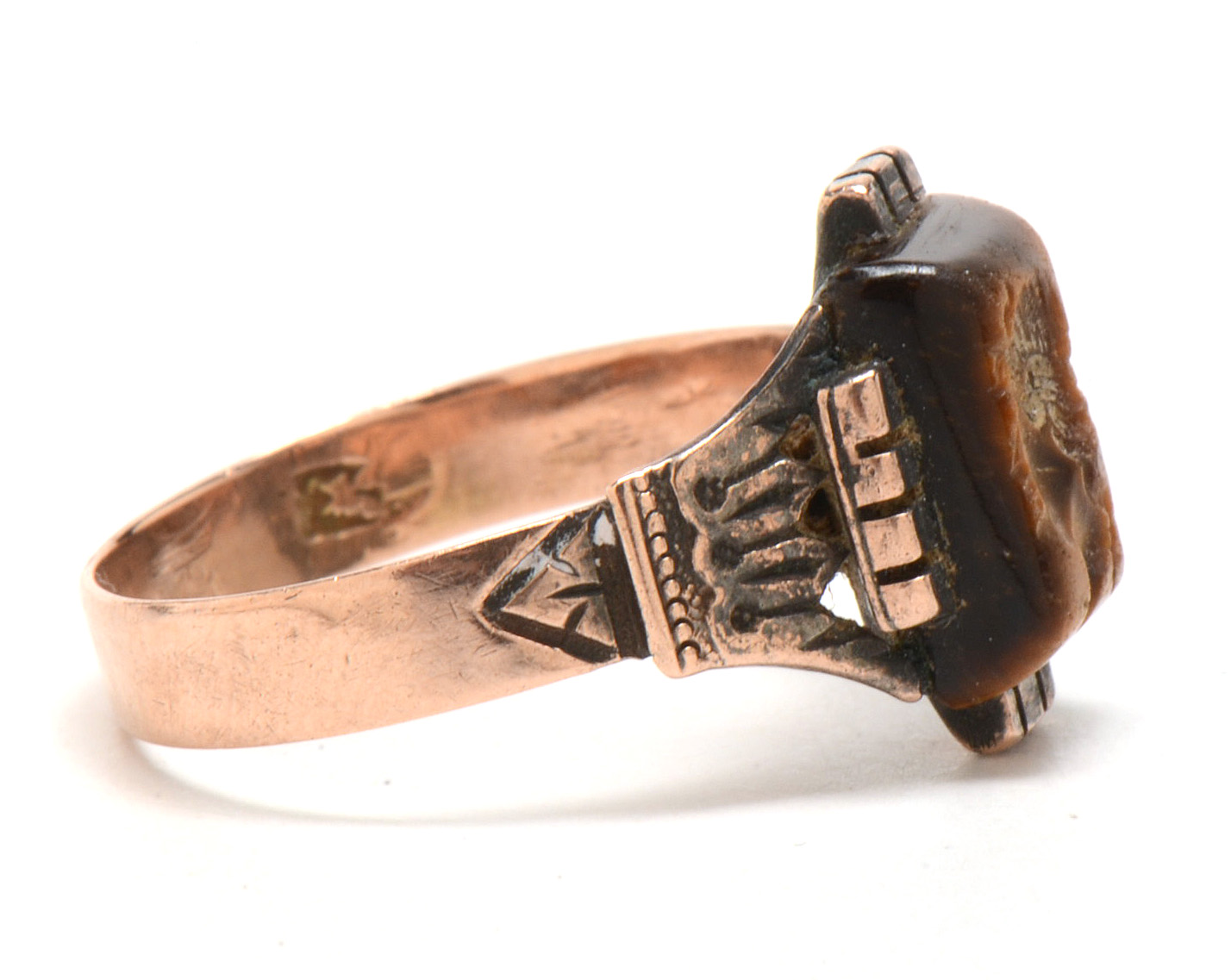 Antique Victorian 10K Rose Gold Carved Intaglio Tiger's Eye Ring
