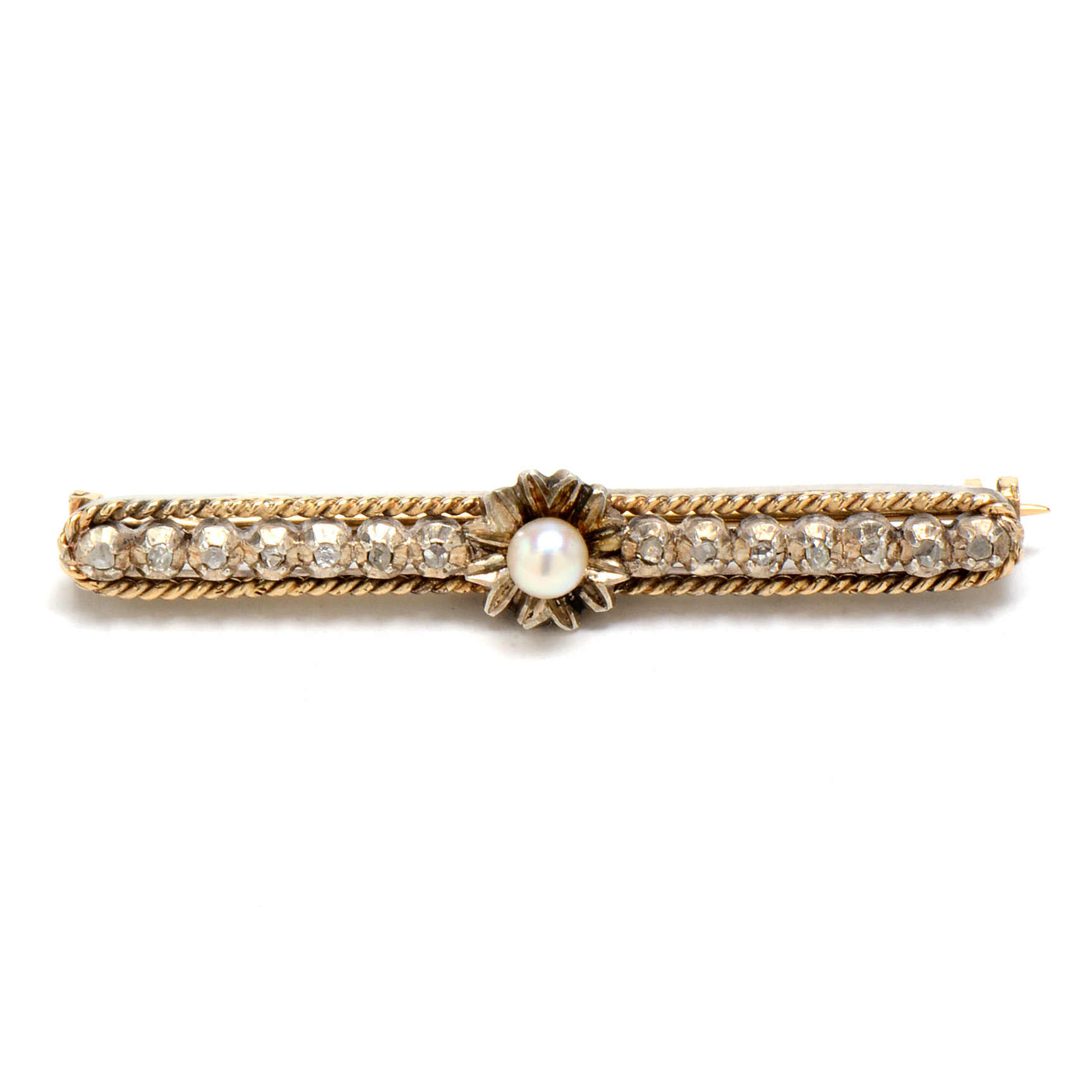 Late Victorian 19K Yellow Gold Cultured Pearl and Diamond Bar Pin