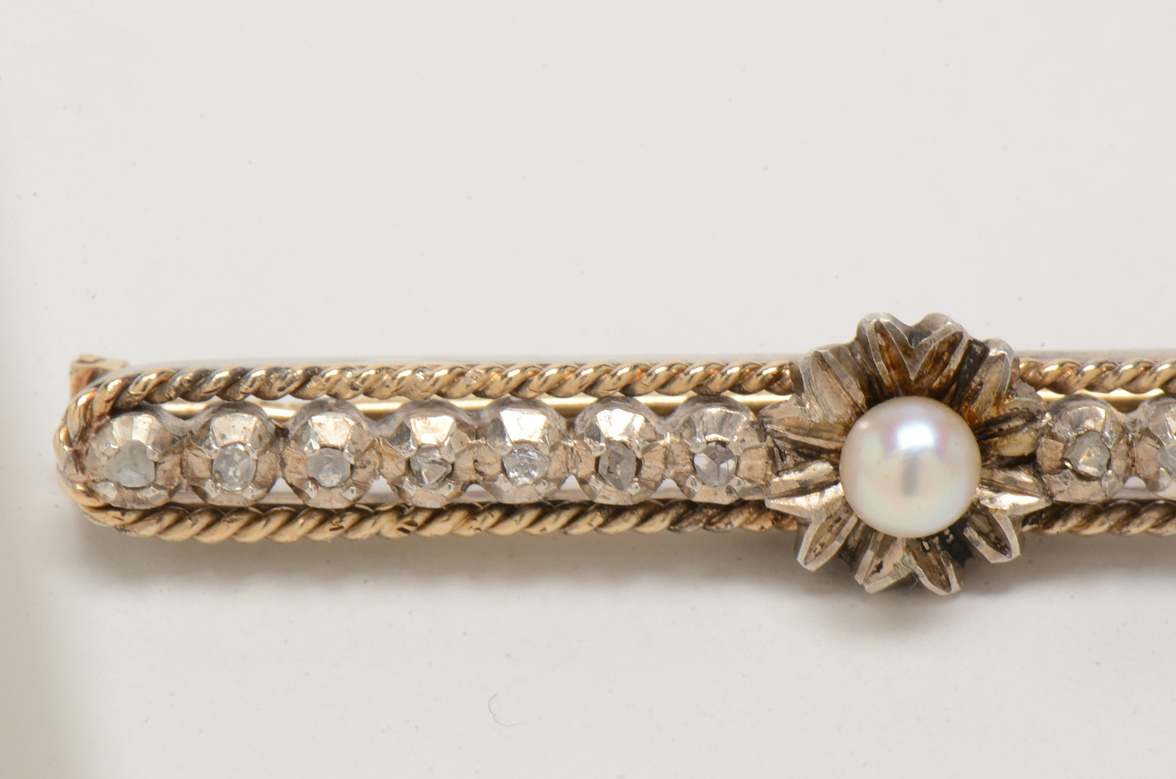 Late Victorian 19K Yellow Gold Cultured Pearl and Diamond Bar Pin