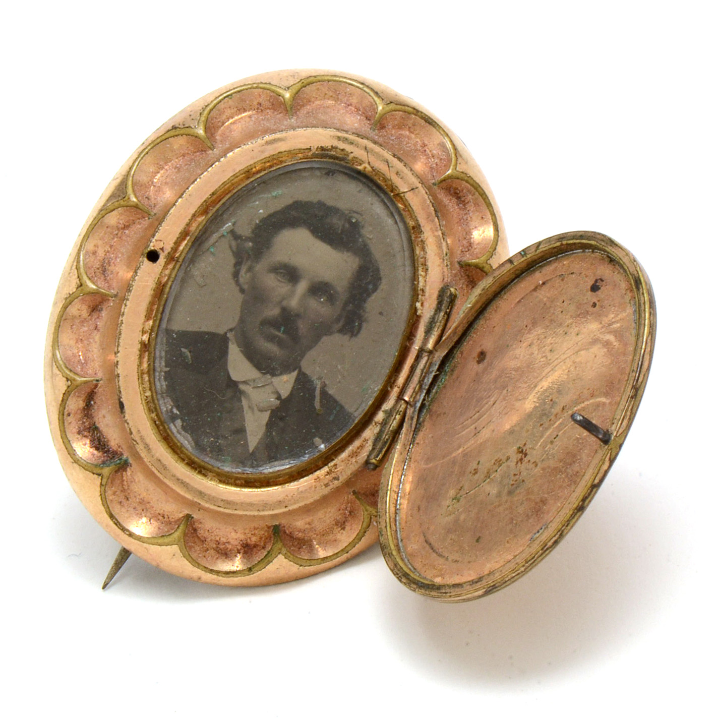Victorian Gold Filled Locket Brooch with Tintype Portrait