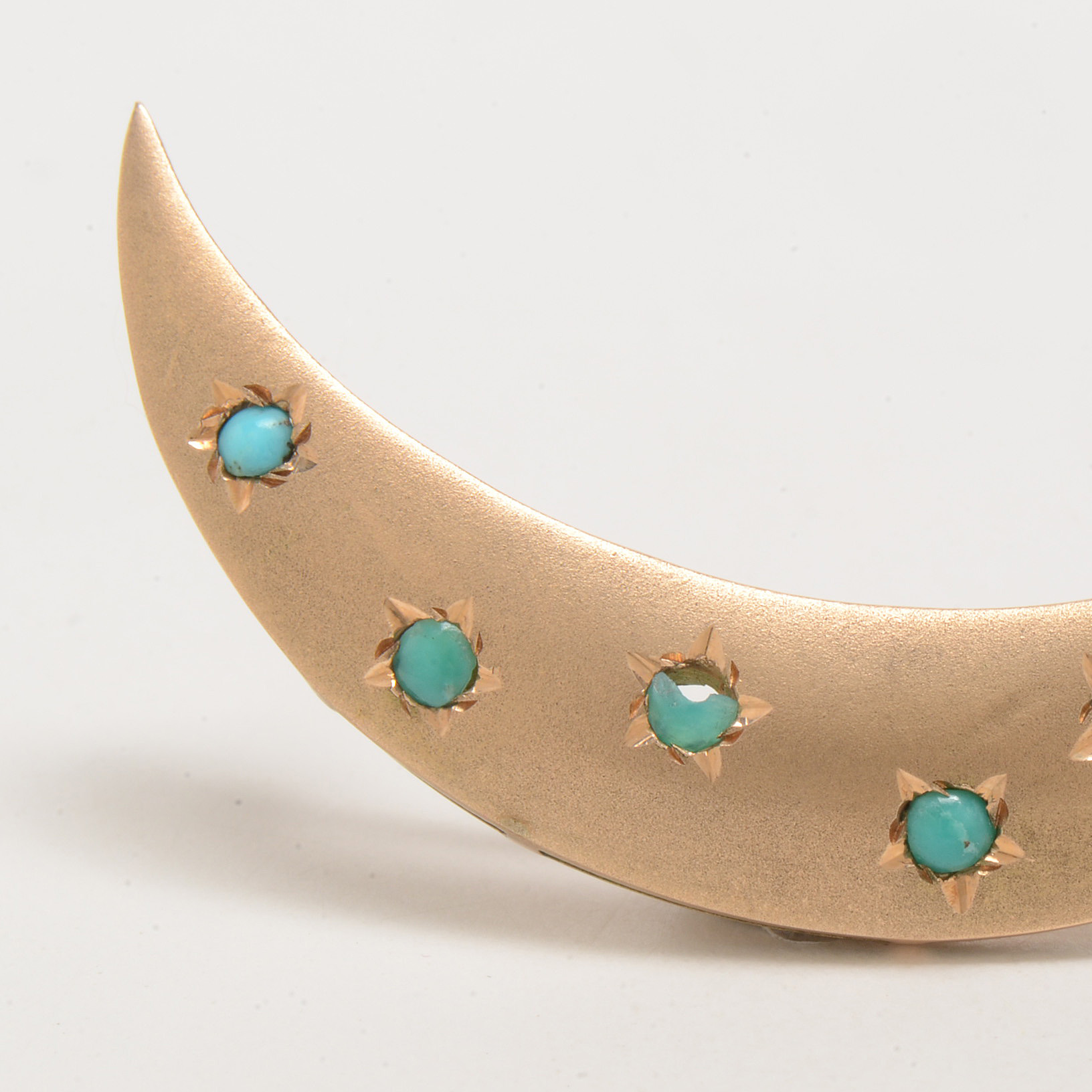 Victorian 14K Yellow Gold Turquoise Crescent Moon Brooch