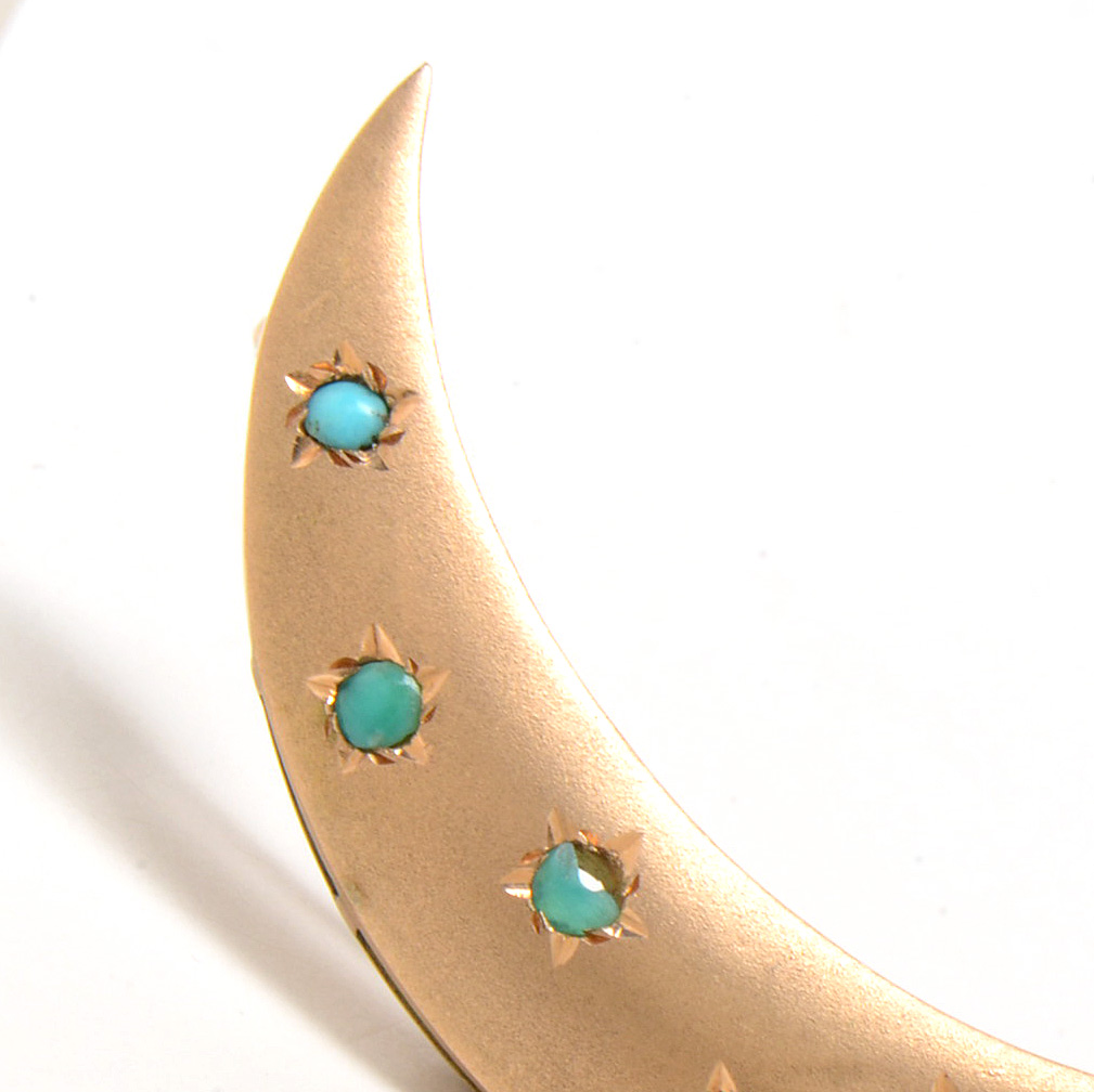 Victorian 14K Yellow Gold Turquoise Crescent Moon Brooch