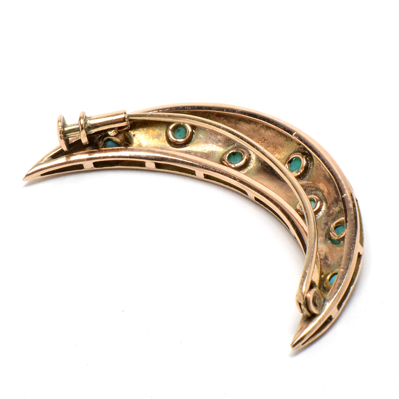 Victorian 14K Yellow Gold Turquoise Crescent Moon Brooch