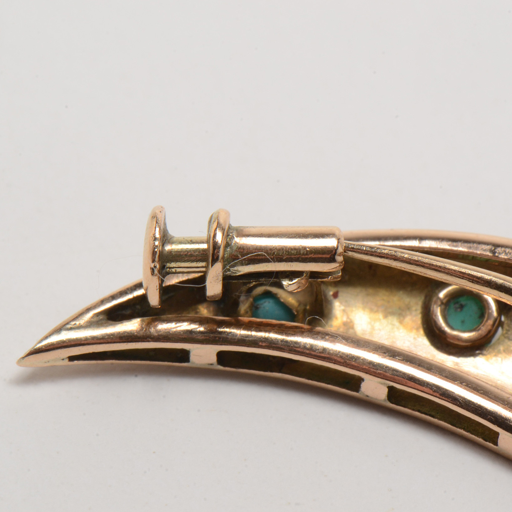 Victorian 14K Yellow Gold Turquoise Crescent Moon Brooch