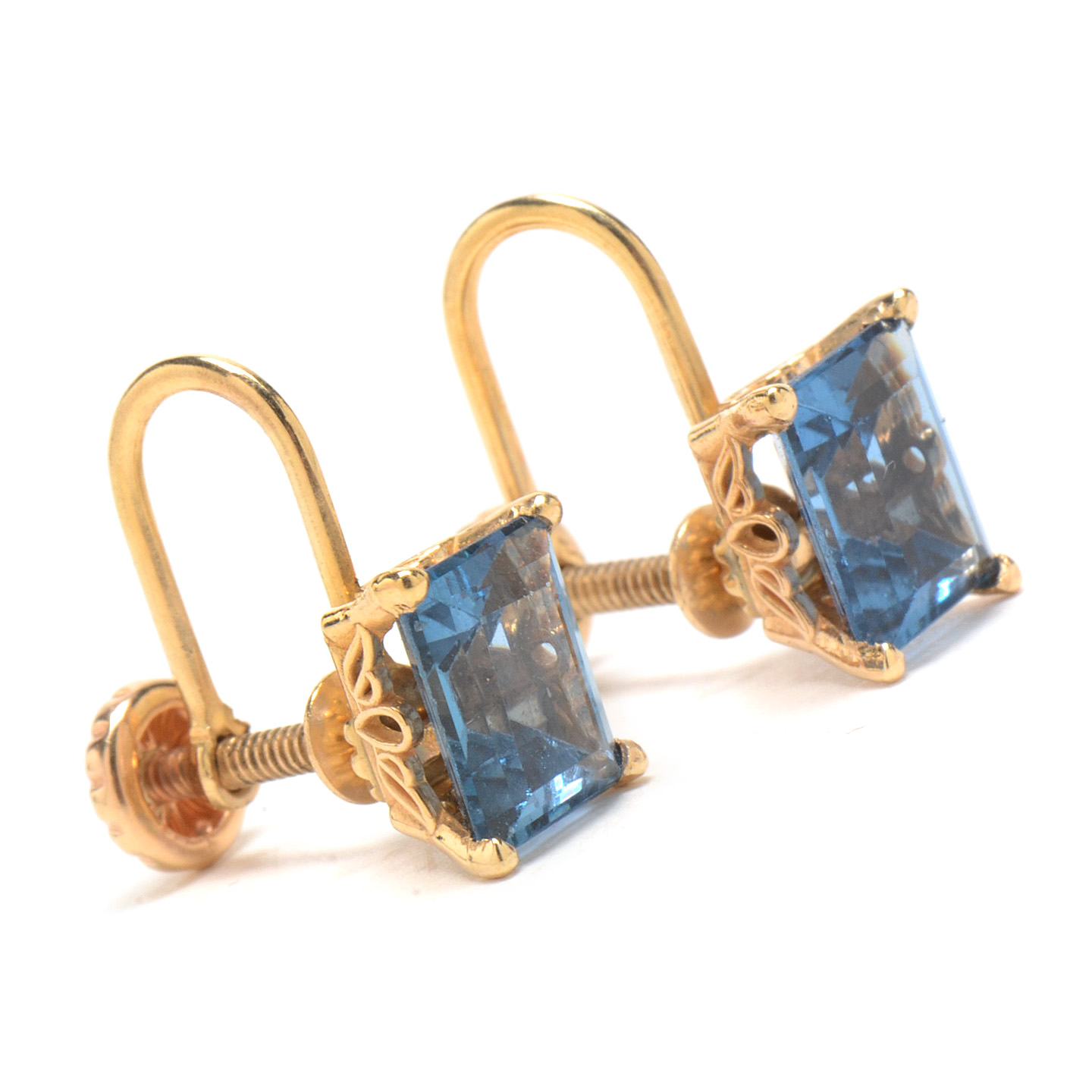 Pair of Vintage 14K Yellow Gold Blue Topaz Screw-Back Earrings