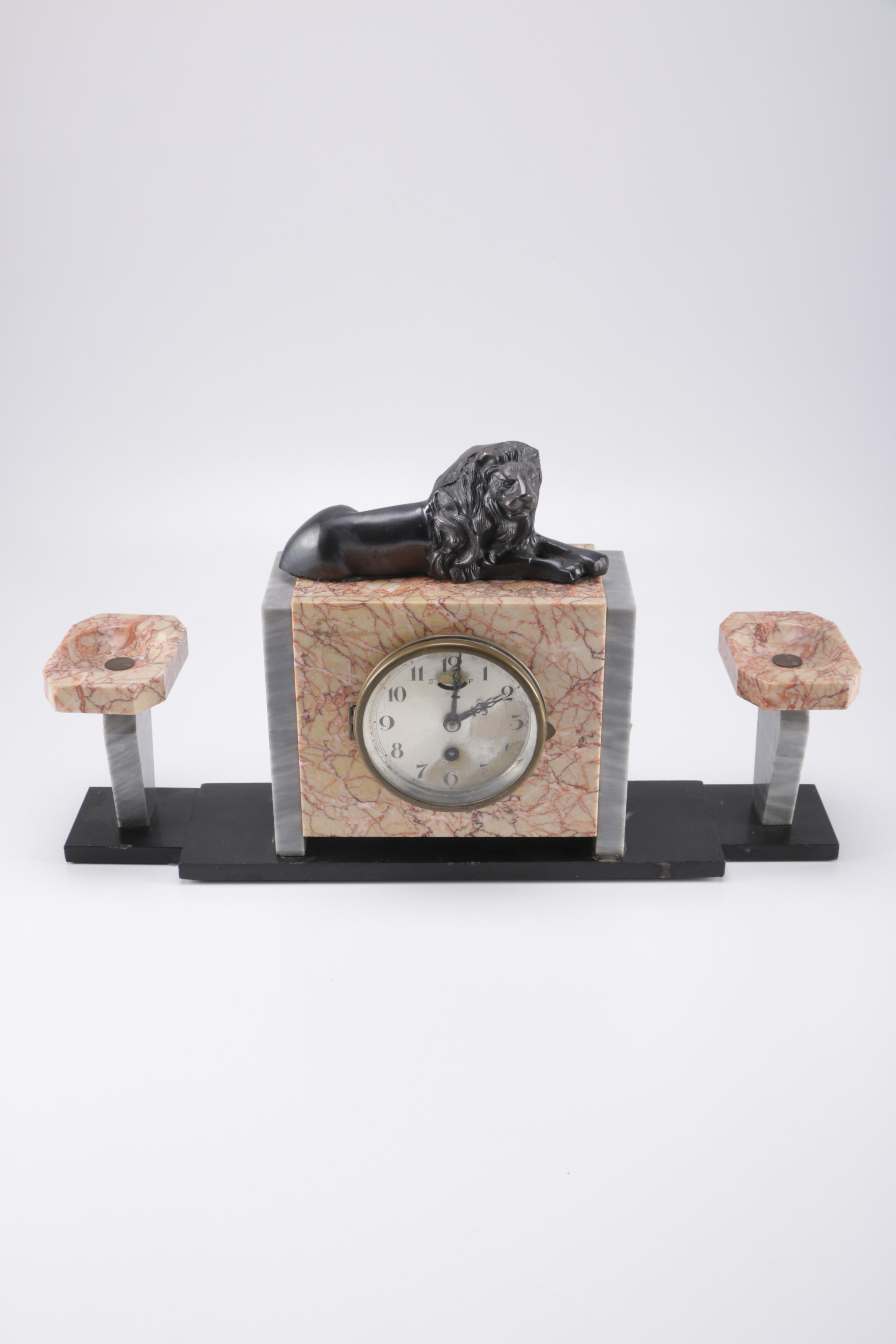 Circa 1930 UCRA Marble Clock With Garniture