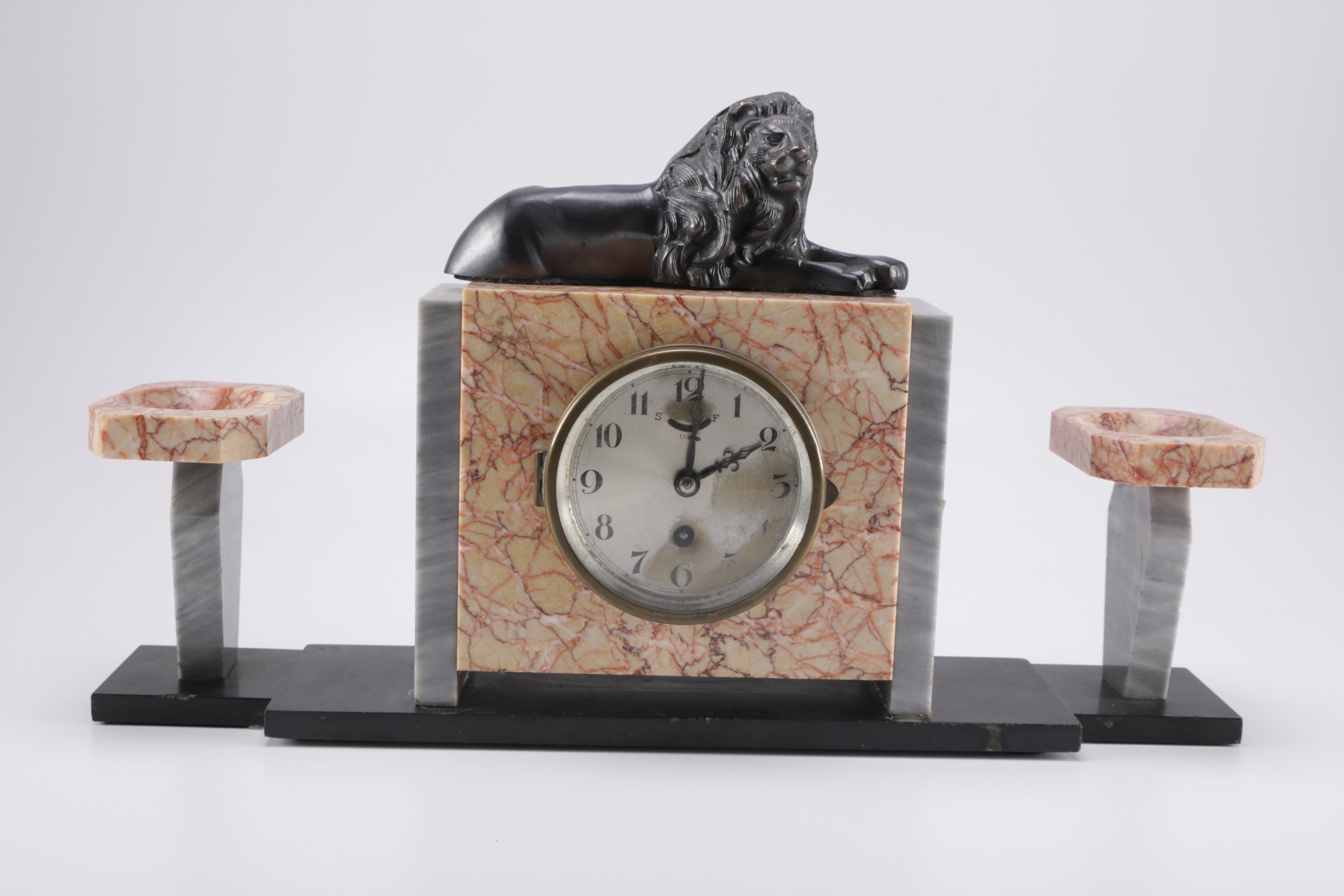 Circa 1930 UCRA Marble Clock With Garniture