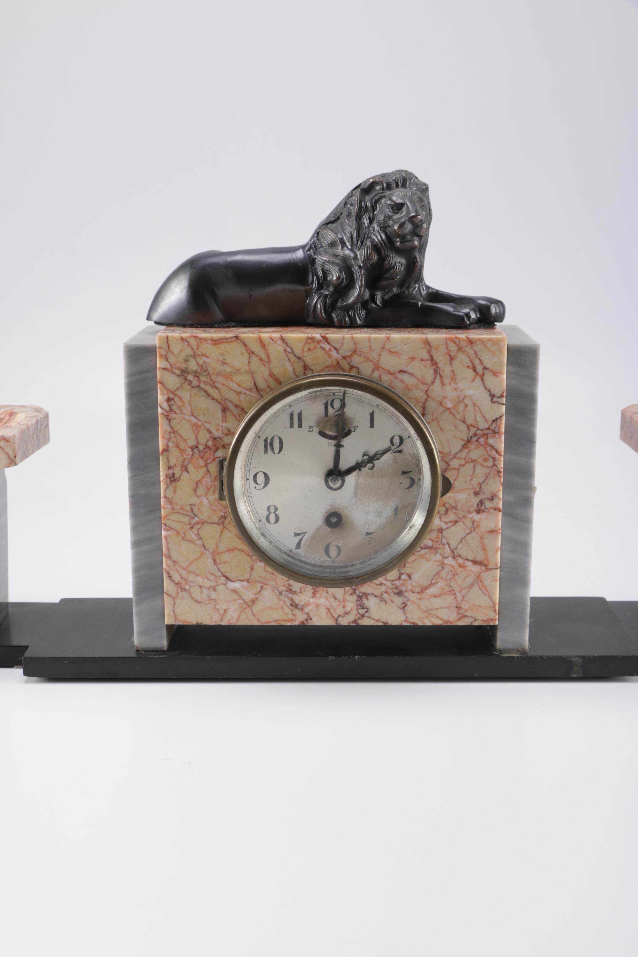 Circa 1930 UCRA Marble Clock With Garniture