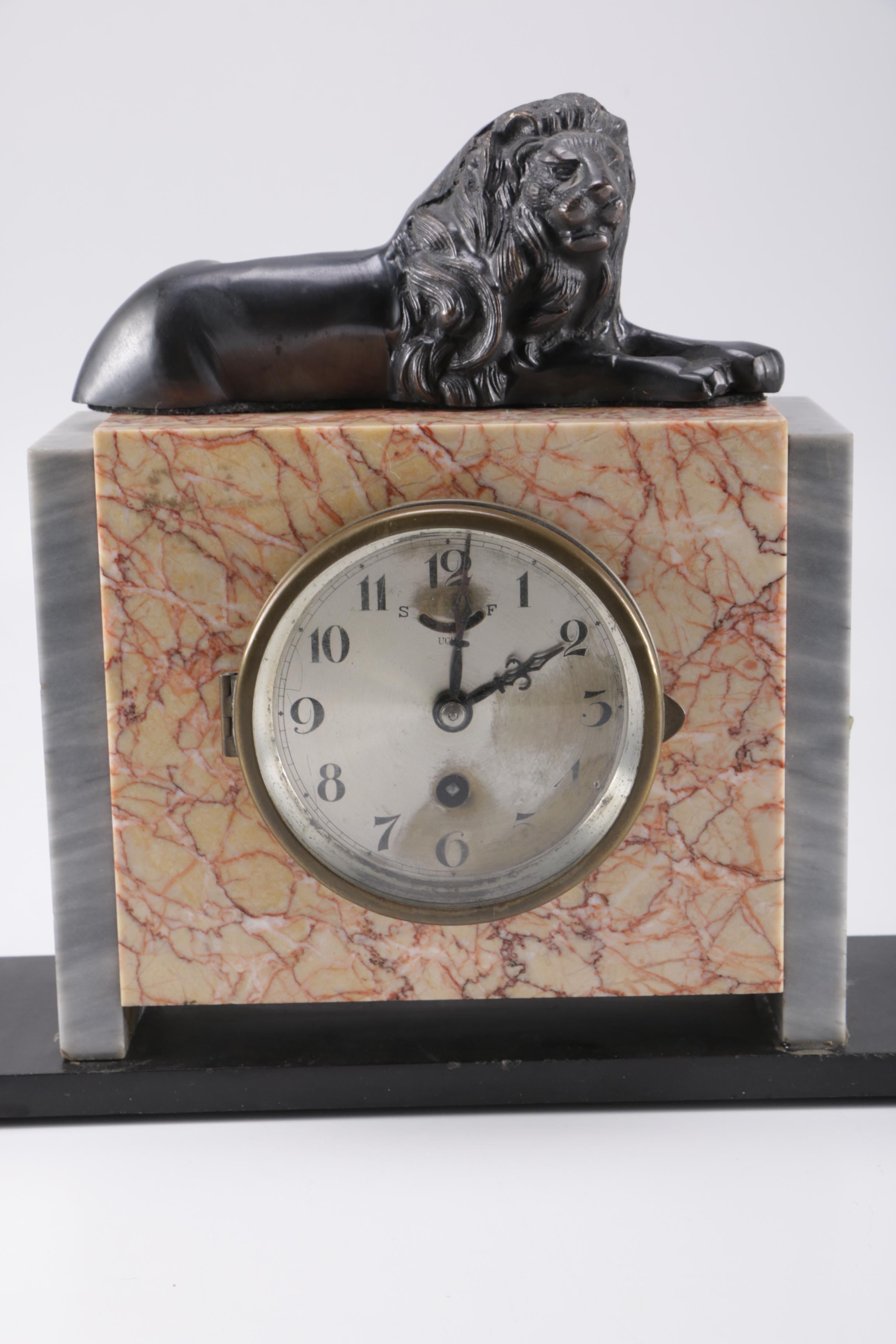 Circa 1930 UCRA Marble Clock With Garniture