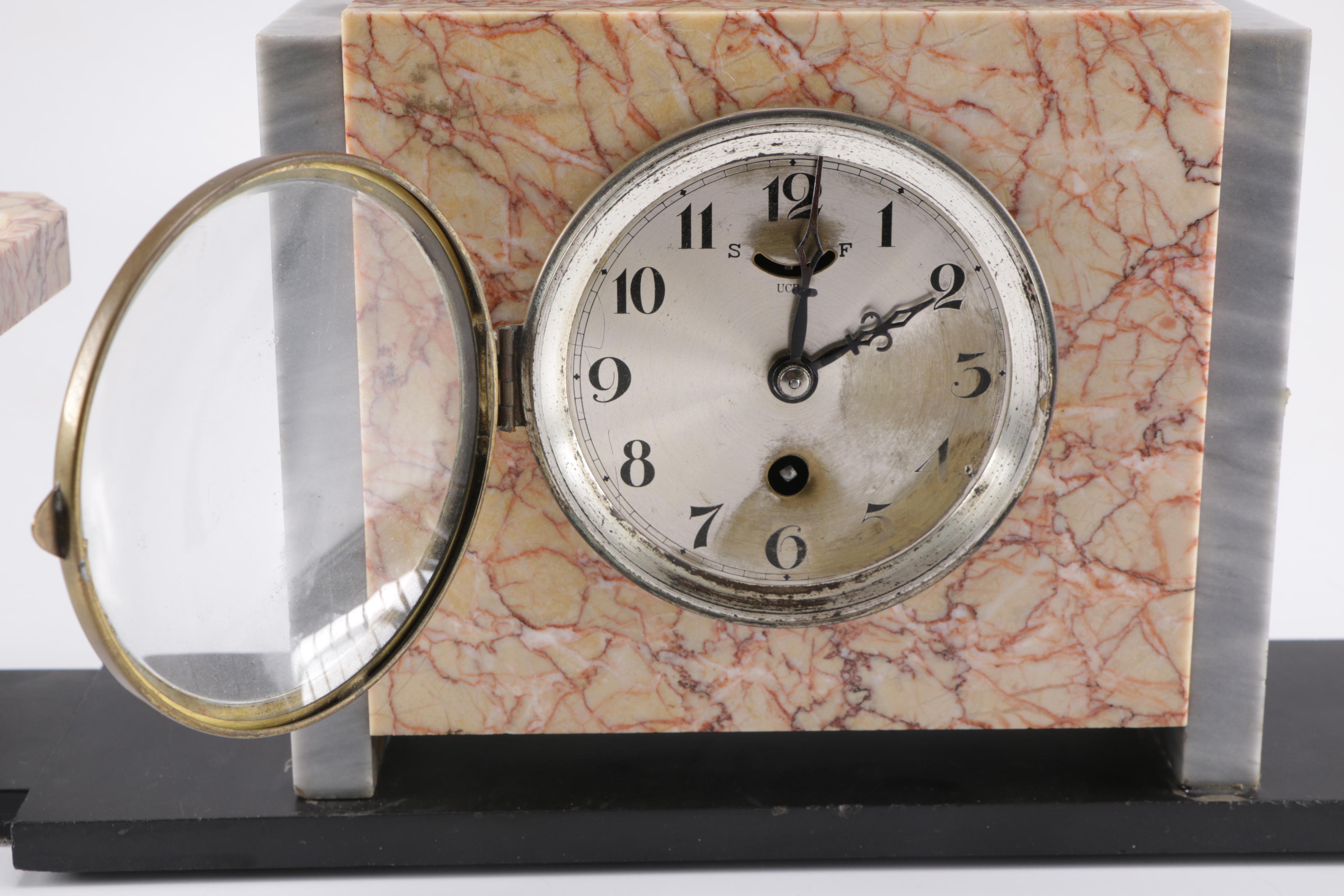 Circa 1930 UCRA Marble Clock With Garniture