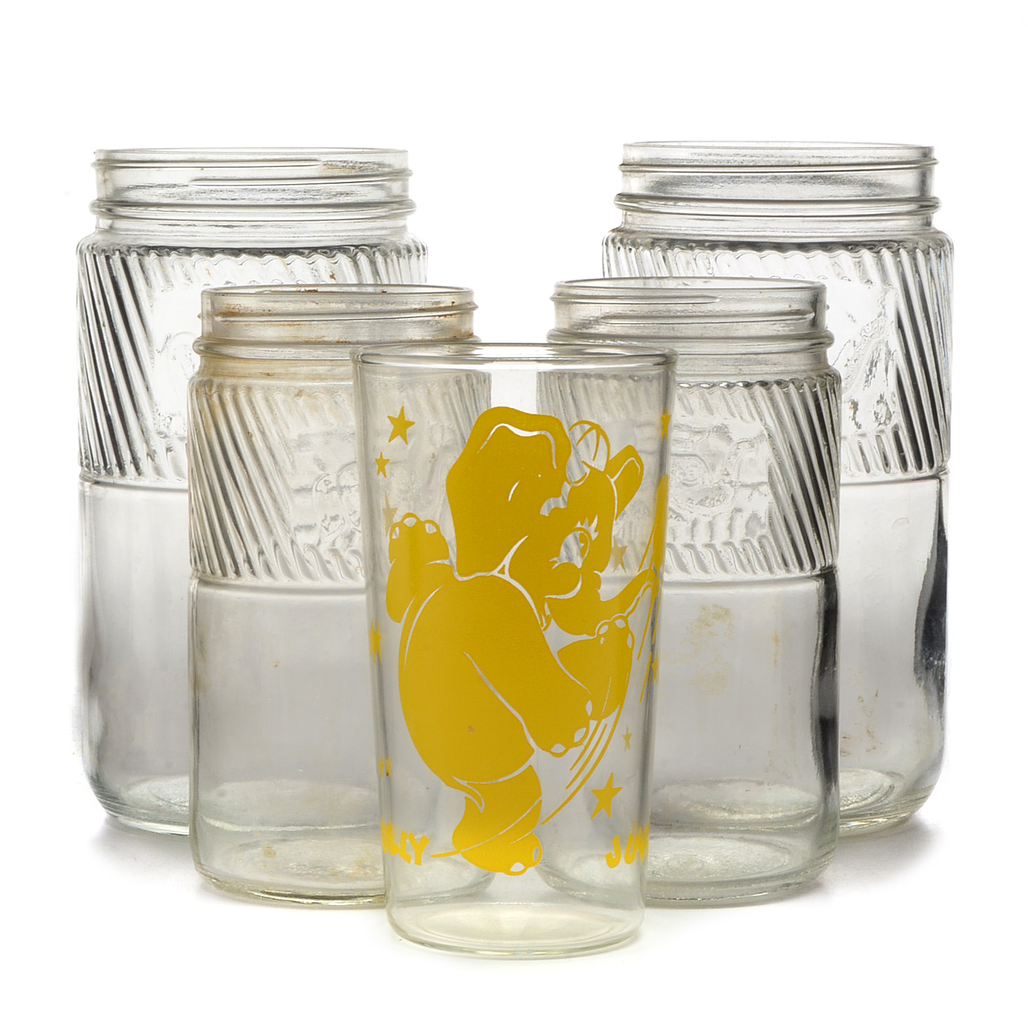 Collection of Jumbo Peanut Butter Jars and Drinking Glass