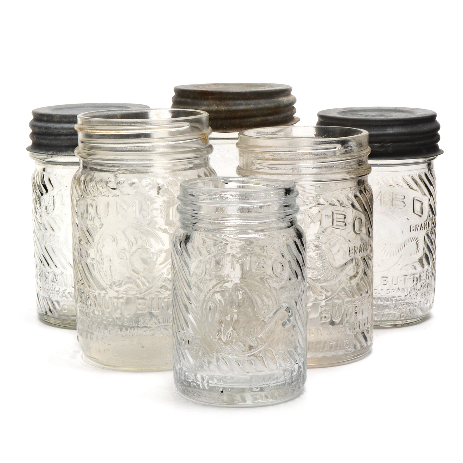 Six Vintage Jumbo Peanut Butter Jars