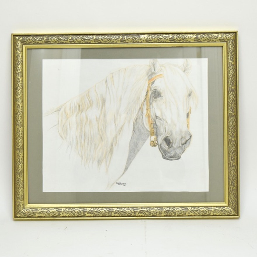 Signed Original Equine Themed Charcoal and Pastel on Paper