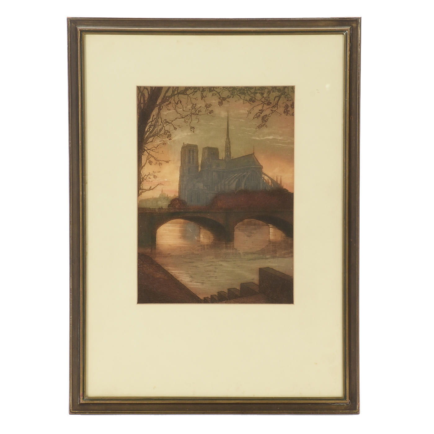 Original Color Aquatint Etching of Notre Dame