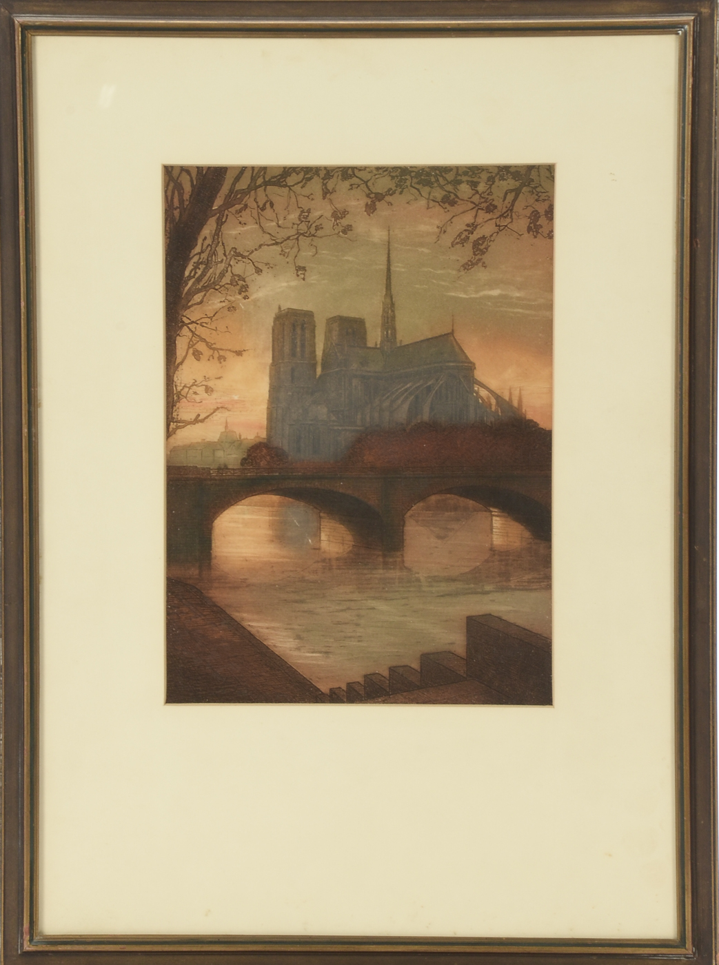 Original Color Aquatint Etching of Notre Dame