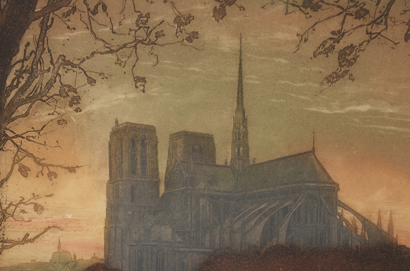 Original Color Aquatint Etching of Notre Dame