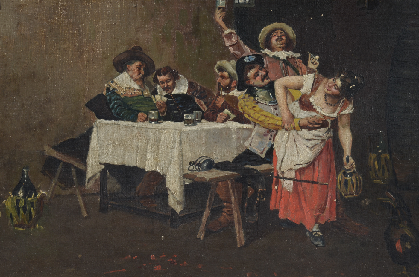 Antique Oil Genre Painting on Canvas