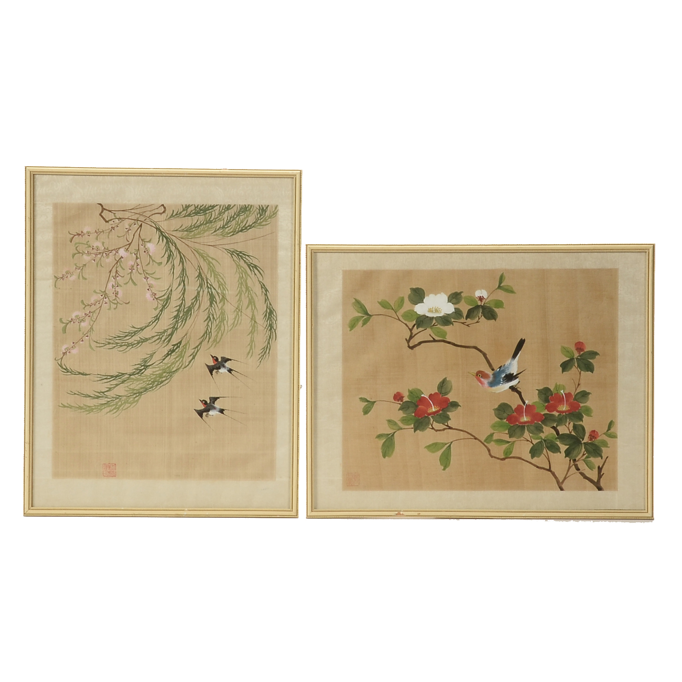 Two Chinese Gouache Nature Scene Paintings on Silk