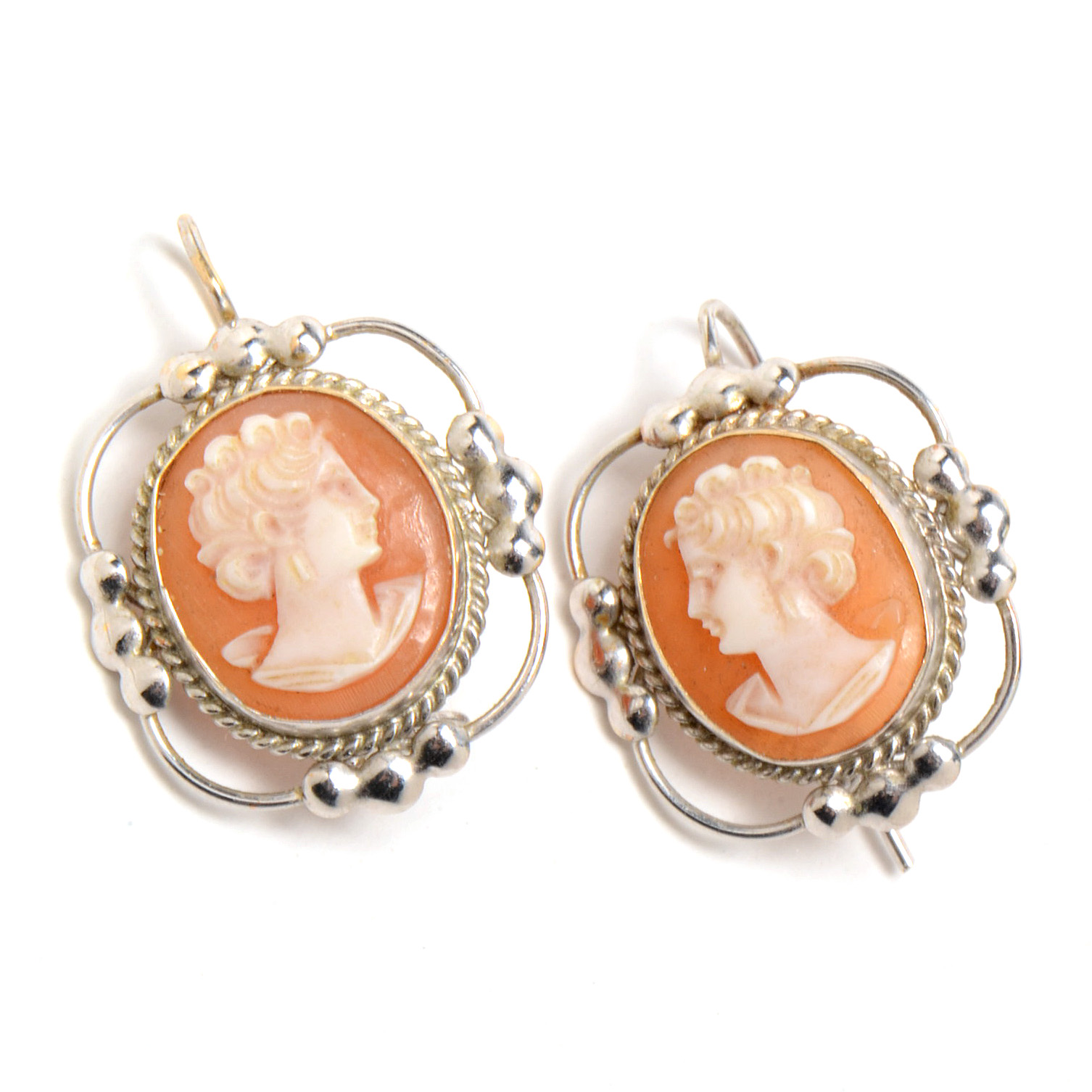 14K White Gold Carved Shell Cameo Earrings