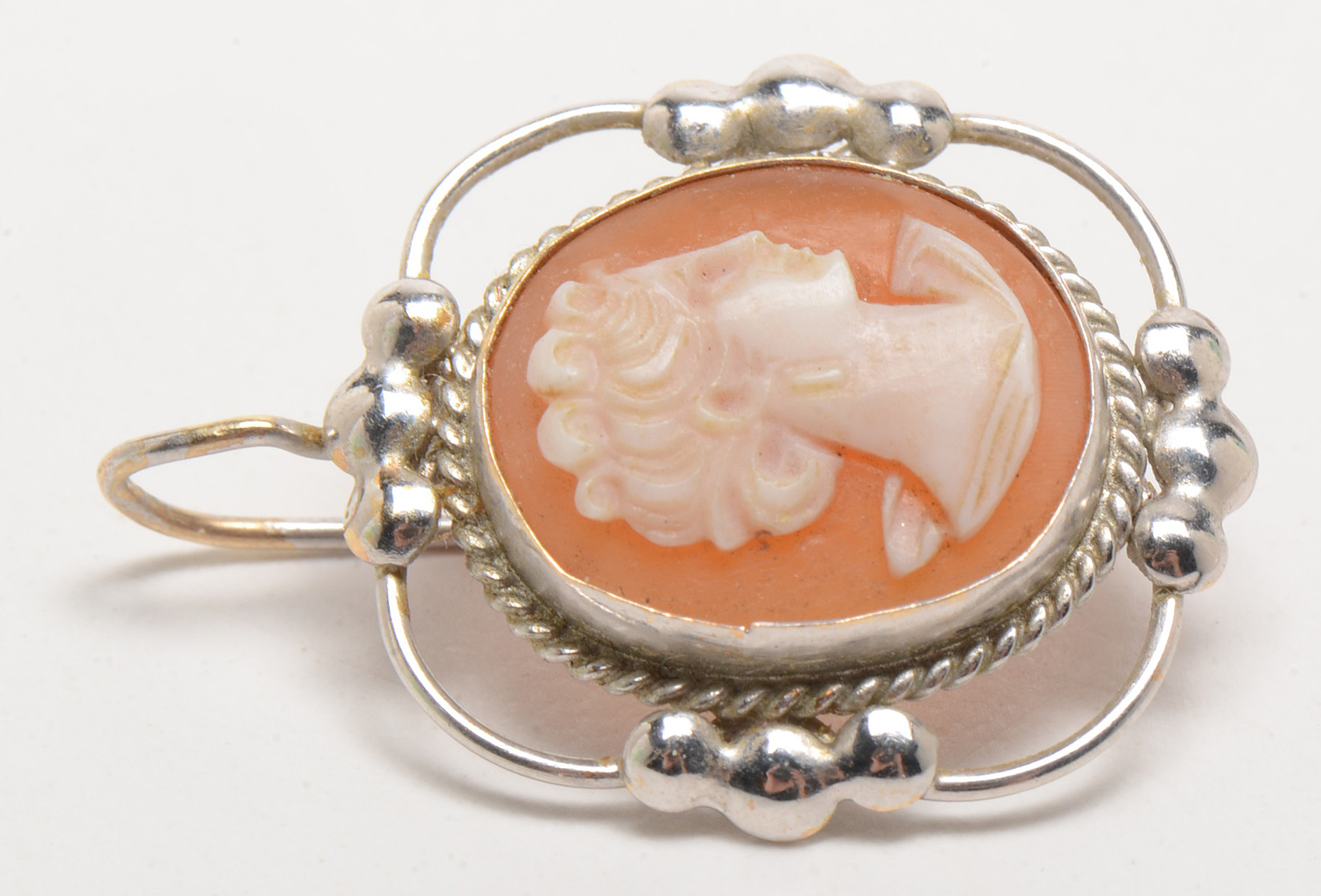 14K White Gold Carved Shell Cameo Earrings