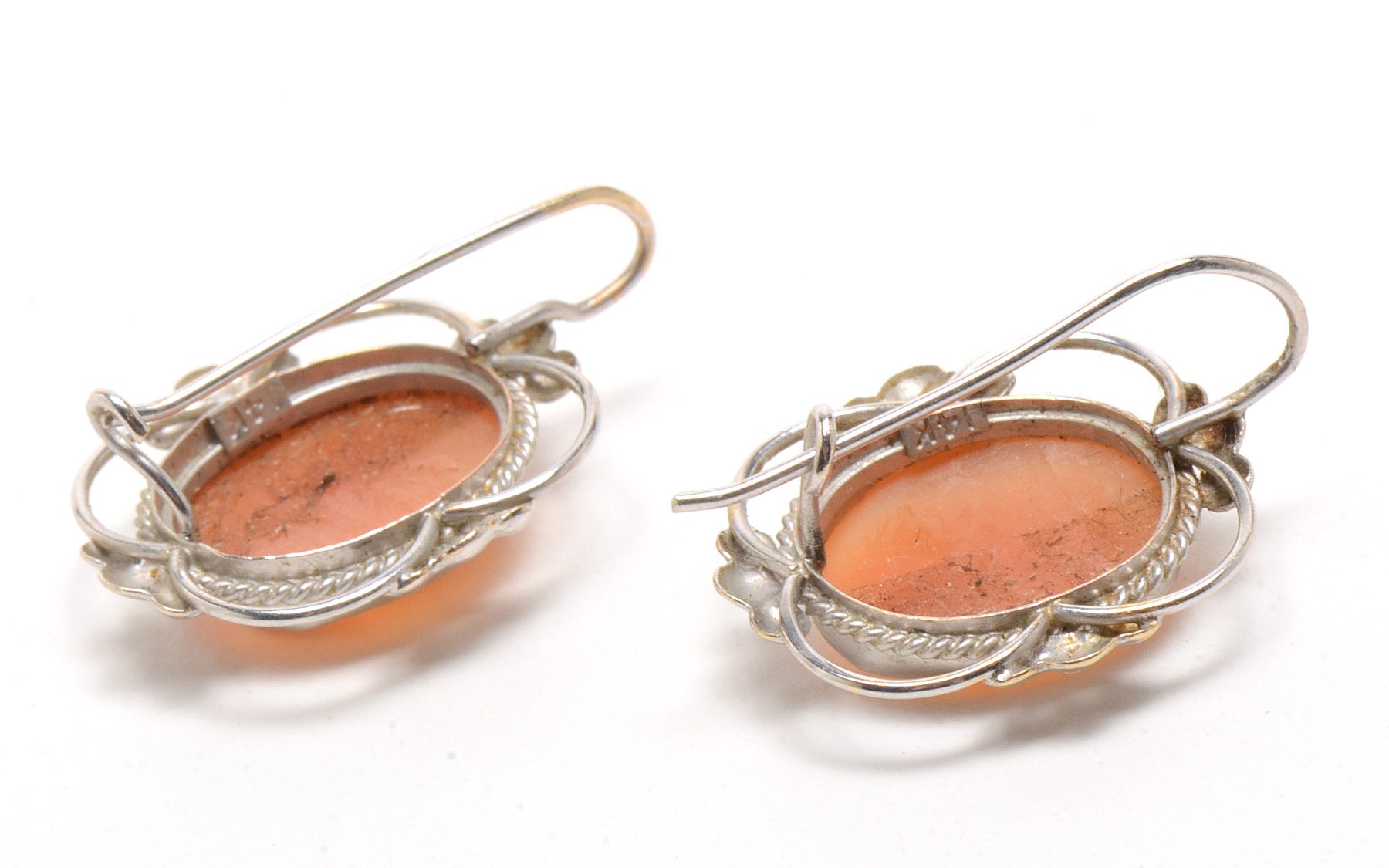 14K White Gold Carved Shell Cameo Earrings