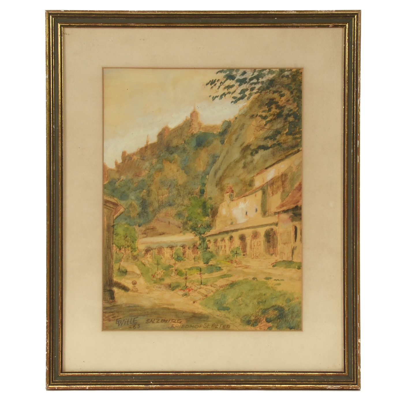 Ernst Wille Original 1963 Plein Air Watercolor Landscape "Salzburg, Friedhof St. Peter"