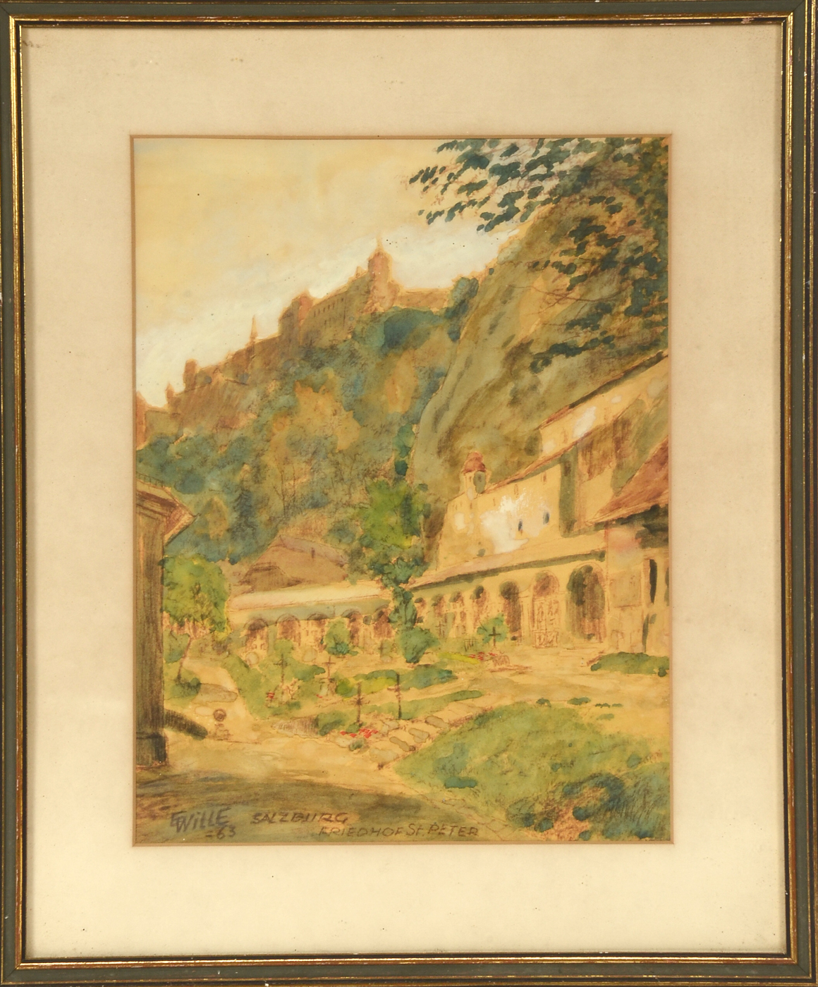 Ernst Wille Original 1963 Plein Air Watercolor Landscape "Salzburg, Friedhof St. Peter"