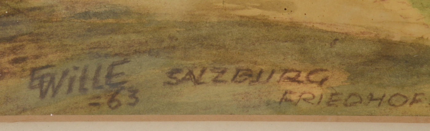 Ernst Wille Original 1963 Plein Air Watercolor Landscape "Salzburg, Friedhof St. Peter"