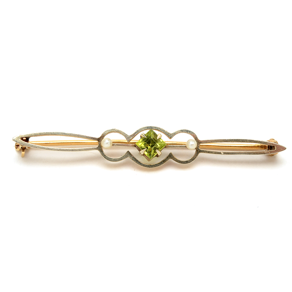 14K Yellow Gold Peridot and Seed Pearl Bar Pin