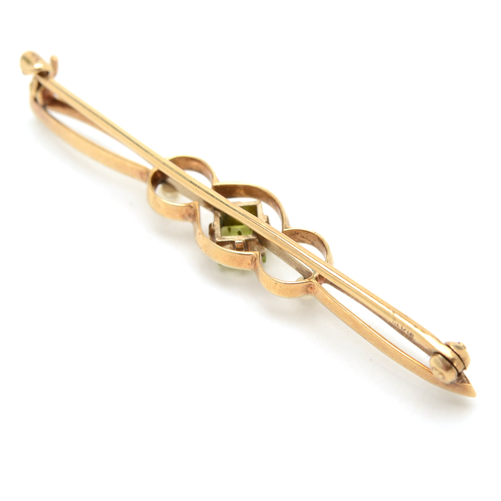 14K Yellow Gold Peridot and Seed Pearl Bar Pin