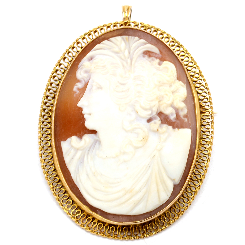 10K Yellow Gold Carved Shell Cameo Brooch Pendant