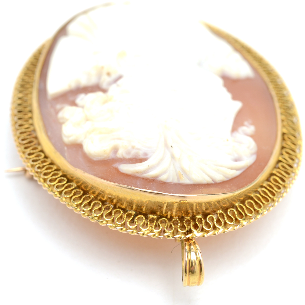 10K Yellow Gold Carved Shell Cameo Brooch Pendant