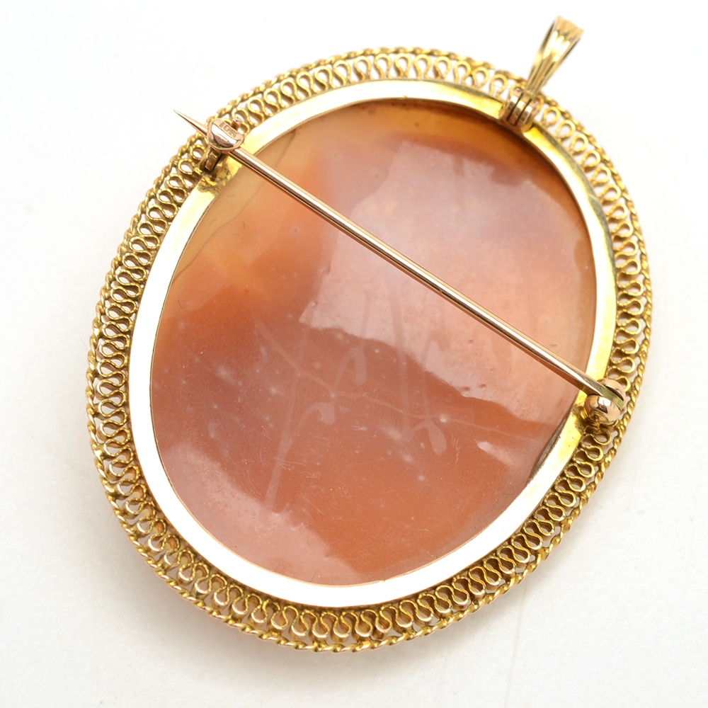 10K Yellow Gold Carved Shell Cameo Brooch Pendant