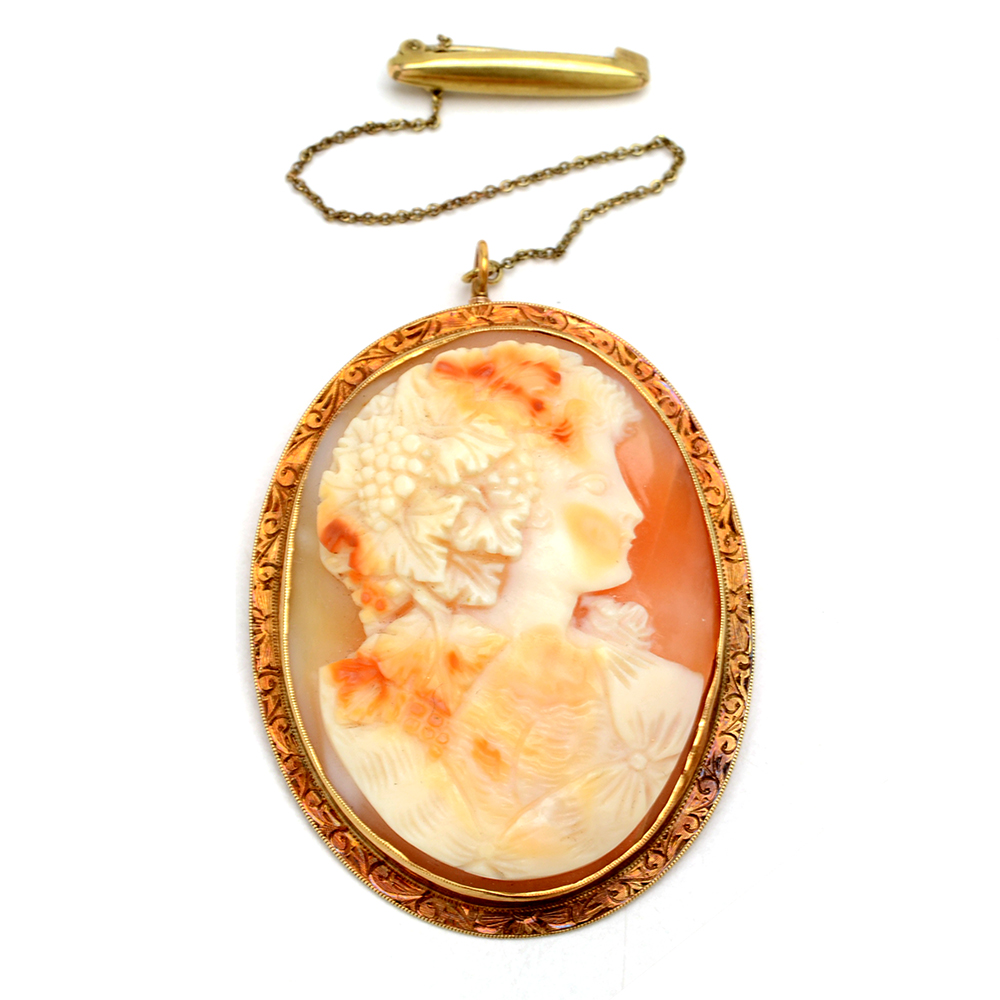 10K Yellow Gold Carved Shell Cameo Brooch Pendant