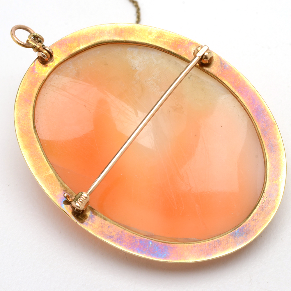 10K Yellow Gold Carved Shell Cameo Brooch Pendant