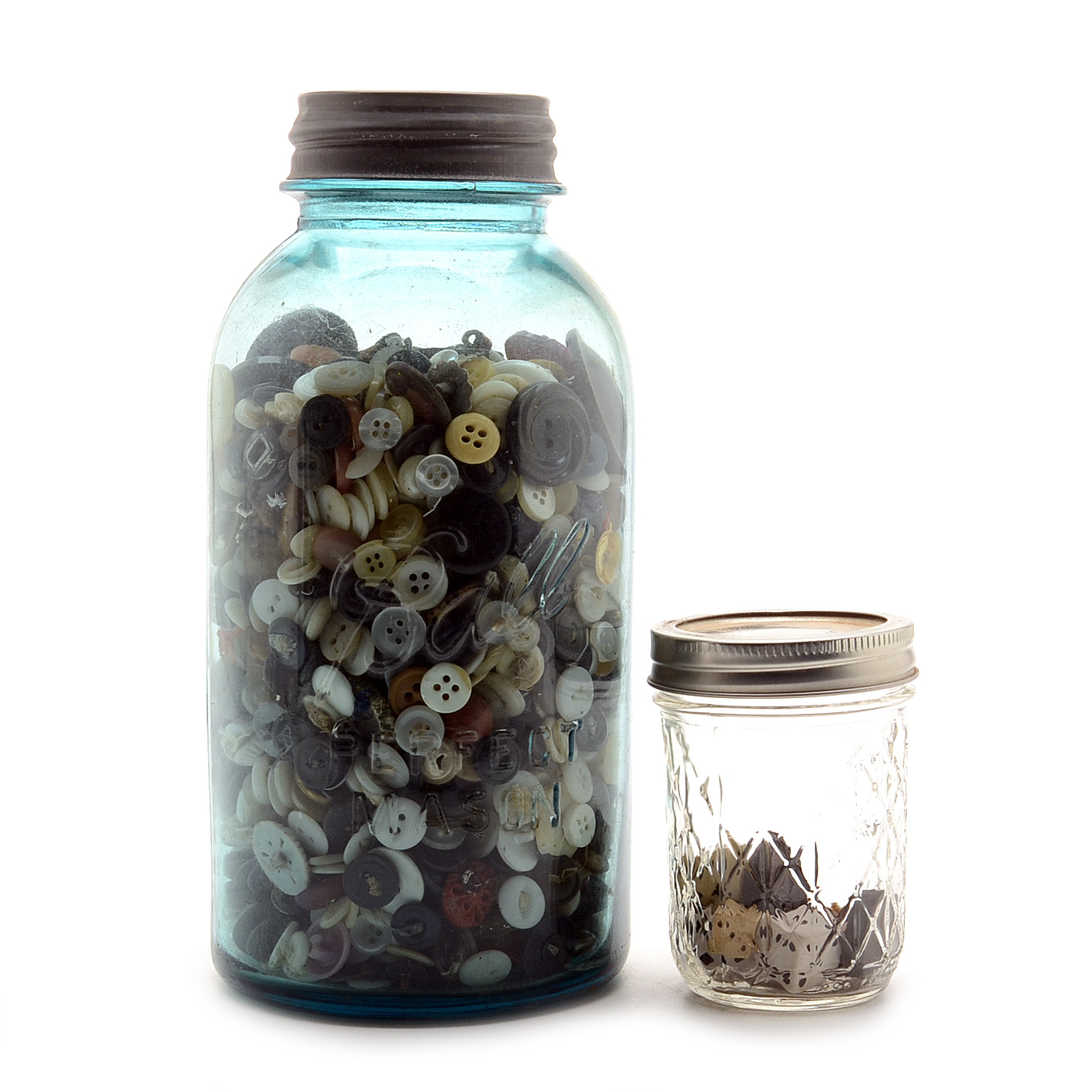 Vintage Blue Ball Jar of Buttons and Dice