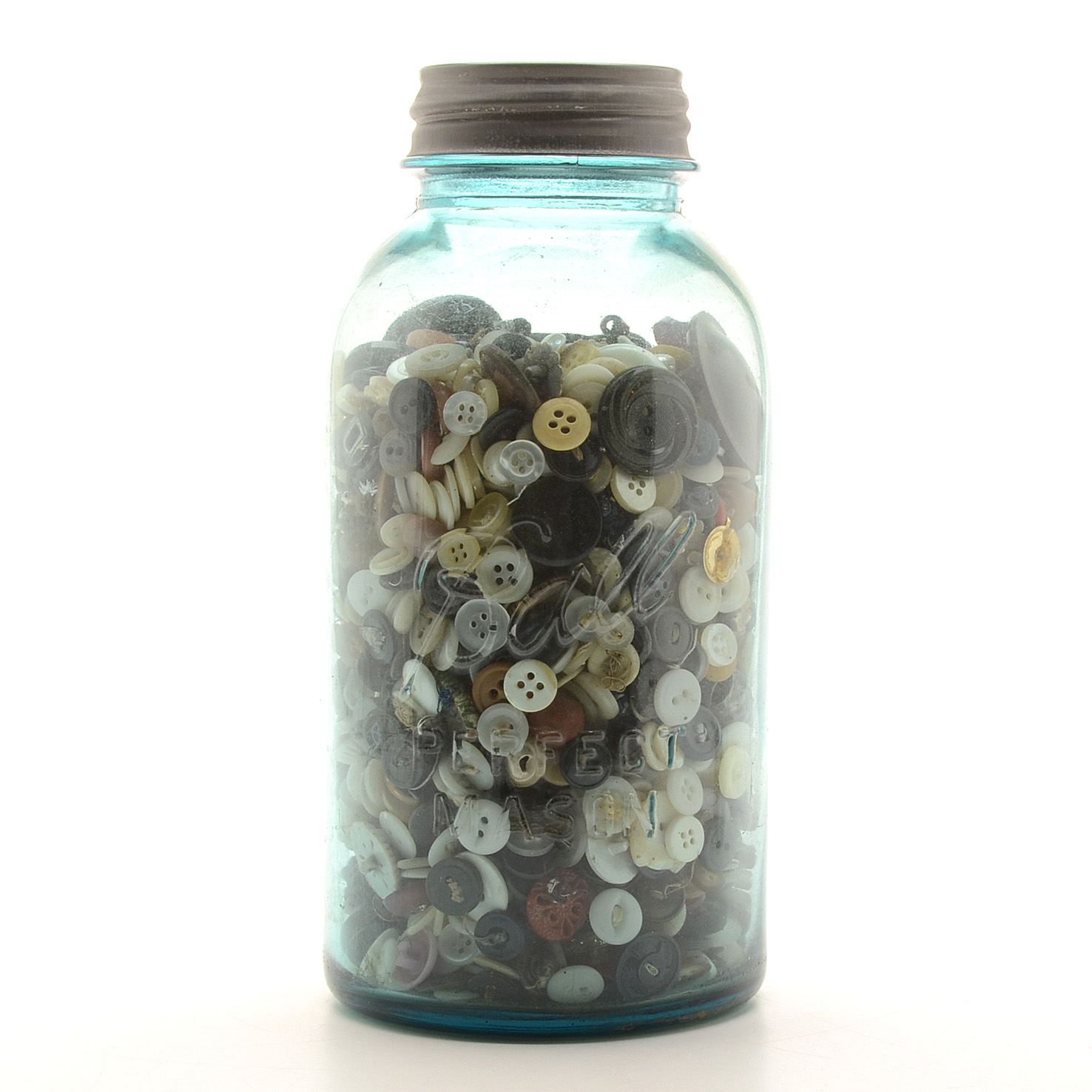 Vintage Blue Ball Jar of Buttons and Dice