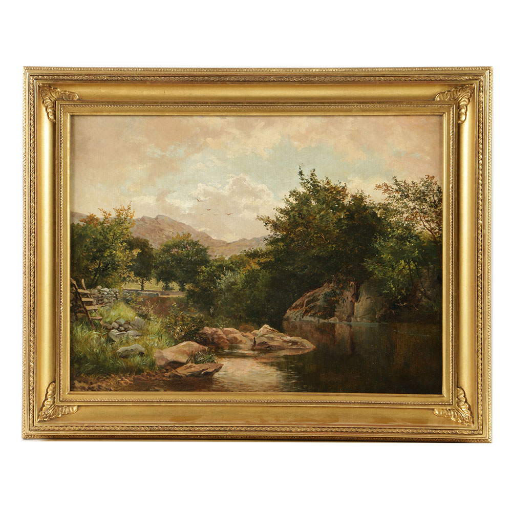 Signed Oil Painting on Canvas of Hudson River School Landscape in 19th-Century Hudson River School Style Gilt and Gesso Frame